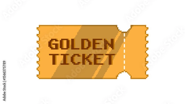 Fototapeta Pixel Golden Ticket. Vector golden ticket in 8-bit retro game style isolated on white background.