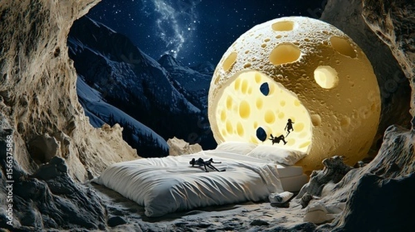 Fototapeta A Swiss cheese moon floating above a bed, with shadowy dream figures emerging from its holes, creating a mysterious and imaginative night scene that symbolizes subconscious fears, whimsical dreams