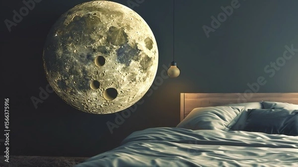 Fototapeta A Swiss cheese moon floating above a bed, with shadowy dream figures emerging from its holes, creating a mysterious and imaginative night scene that symbolizes subconscious fears, whimsical dreams