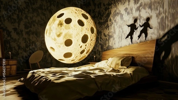 Fototapeta A Swiss cheese moon floating above a bed, with shadowy dream figures emerging from its holes, creating a mysterious and imaginative night scene that symbolizes subconscious fears, whimsical dreams