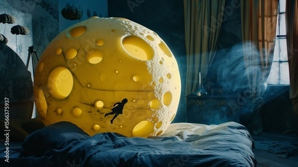 Fototapeta A Swiss cheese moon floating above a bed, with shadowy dream figures emerging from its holes, creating a mysterious and imaginative night scene that symbolizes subconscious fears, whimsical dreams