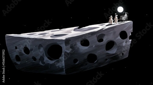 Fototapeta A Swiss cheese moon floating above a bed, with shadowy dream figures emerging from its holes, creating a mysterious and imaginative night scene that symbolizes subconscious fears, whimsical dreams