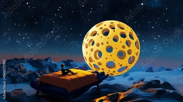 Fototapeta A Swiss cheese moon floating above a bed, with shadowy dream figures emerging from its holes, creating a mysterious and imaginative night scene that symbolizes subconscious fears, whimsical dreams