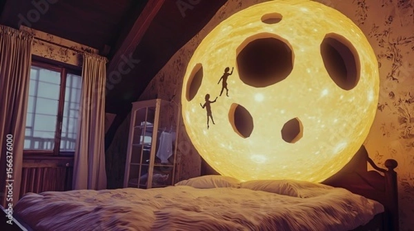 Fototapeta A Swiss cheese moon floating above a bed, with shadowy dream figures emerging from its holes, creating a mysterious and imaginative night scene that symbolizes subconscious fears, whimsical dreams