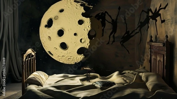 Fototapeta A Swiss cheese moon floating above a bed, with shadowy dream figures emerging from its holes, creating a mysterious and imaginative night scene that symbolizes subconscious fears, whimsical dreams