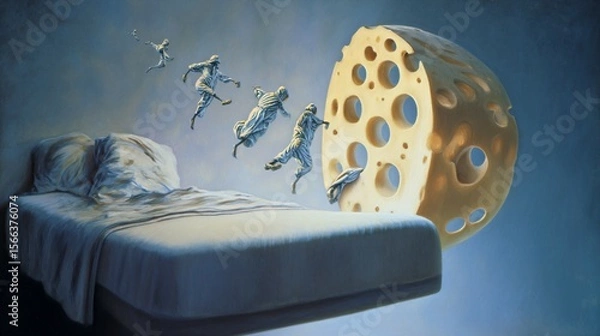 Fototapeta A Swiss cheese moon floating above a bed, with shadowy dream figures emerging from its holes, creating a mysterious and imaginative night scene that symbolizes subconscious fears, whimsical dreams