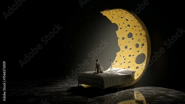 Fototapeta A Swiss cheese moon floating above a bed, with shadowy dream figures emerging from its holes, creating a mysterious and imaginative night scene that symbolizes subconscious fears, whimsical dreams