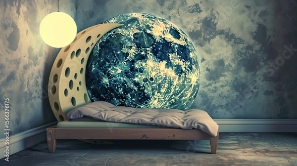 Fototapeta A Swiss cheese moon floating above a bed, with shadowy dream figures emerging from its holes, creating a mysterious and imaginative night scene that symbolizes subconscious fears, whimsical dreams