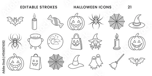 Fototapeta Halloween vector icons set. Editable strokes Halloween icons featuring bats pumpkins spiders witches and ghosts