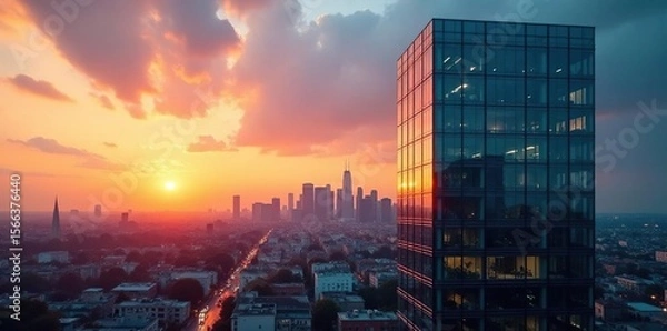 Fototapeta Modern Glass Office Building Reflecting City Skyline at Sunset ? A Stunning Image of Corporate Success and Urban Development, Perfect for Real Estate and Architectural Projects.
