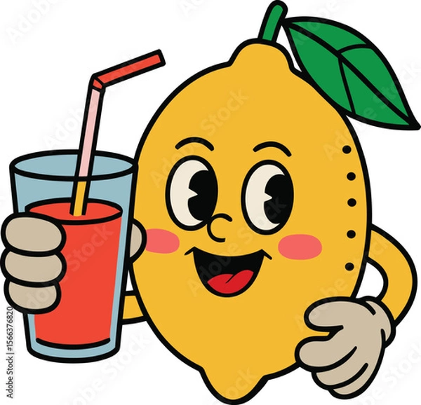 Fototapeta Retro Cartoon Lemon Character Holding Refreshing Lemonade Illustration