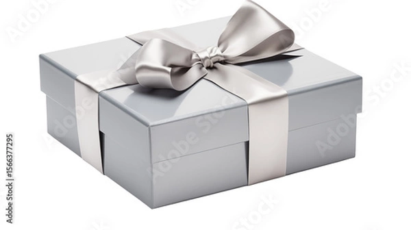 Fototapeta Elegant silver gift box with a delicate satin ribbon  isolated on transparent background