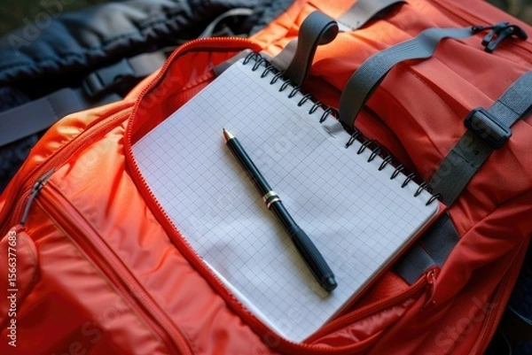 Fototapeta High Quality Image of a Red Backpack with a Notebook in it and a Pen in it