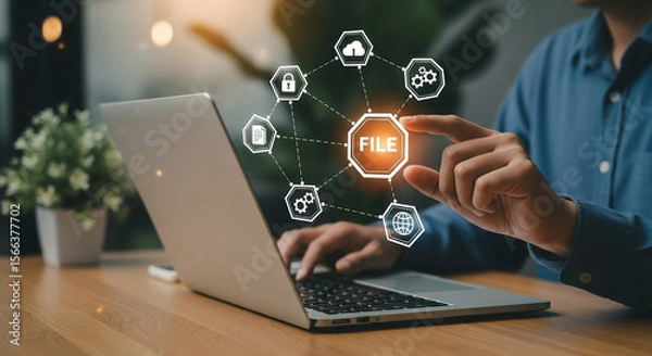 Fototapeta Person interacting with digital network of data management icons on a laptop