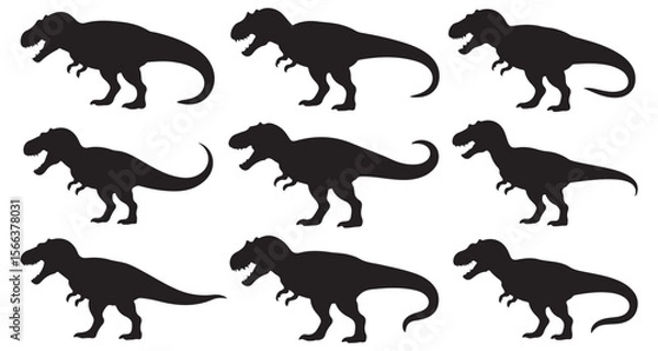 Fototapeta Nine Black Tyrannosaurus Rex Silhouettes Arranged on a White Background Depicting a Prehistoric Scene