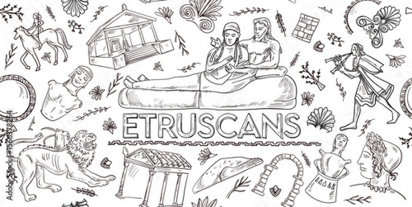 Fototapeta Ancient Etruscan Doodles horizontal banner. vector background