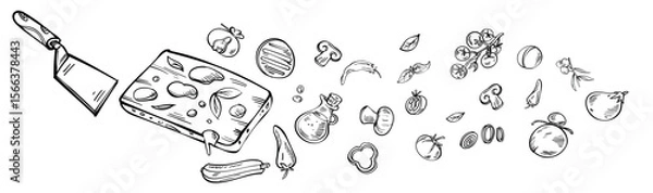 Fototapeta Doodle Pizza Pattern Background. Horizontal Hand-Drawn Vector Artwork