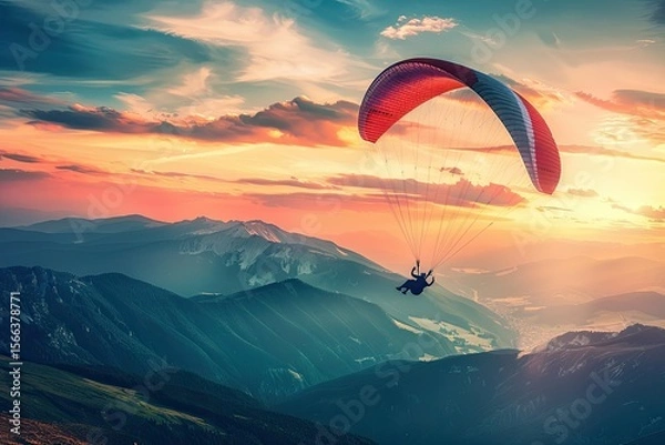 Obraz Detailed Image of Beautiful Paragliding Over Mountains at Sunset, Adventure Sports Banner