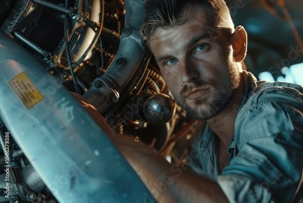 Obraz Male Model Portraying Vintage Airplane Mechanic with Engineering Nostalgia