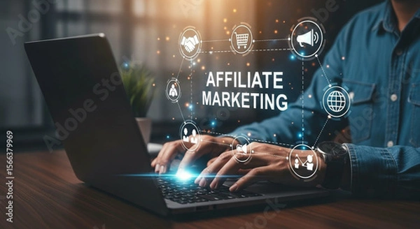 Fototapeta Person using laptop for affiliate marketing with digital network connections and icons