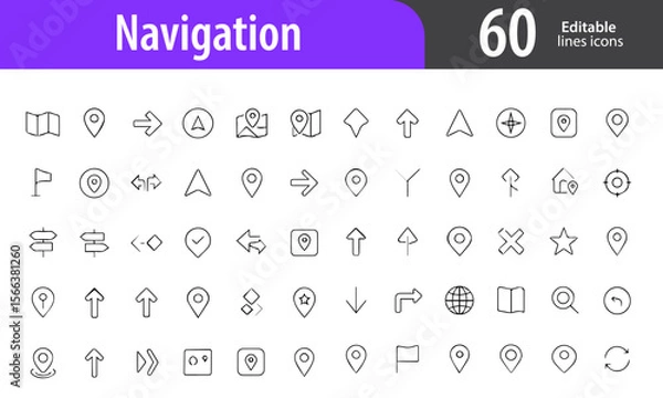 Fototapeta Navigation Line Icons, Compass, Location Pin, Map Route, GPS Arrow, Destination Marker, Editable Formats: AI, EPS, PNG, JPG, Ideal for Both Digital and Print Use
