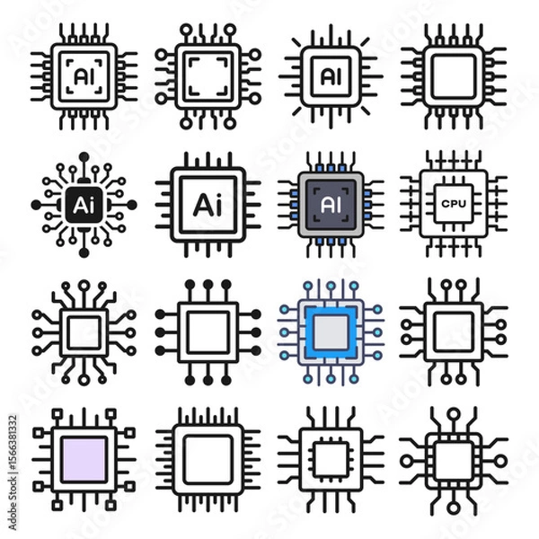 Fototapeta Computer cpu icon set. AI cpu set. Electronic cpu with AI. Artificial intelligence icon. Vector