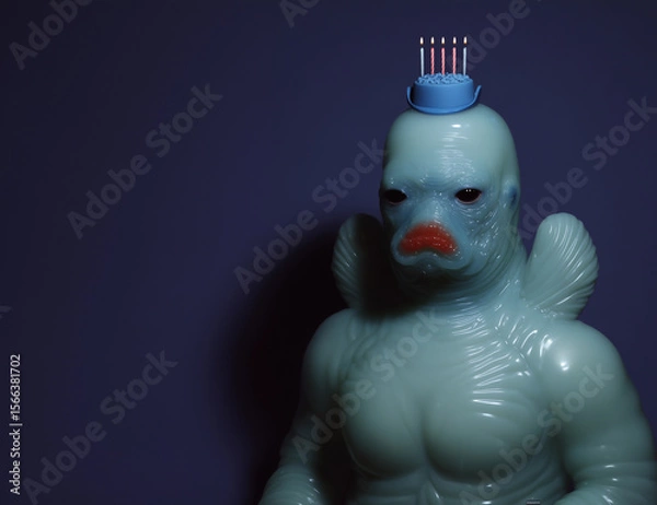 Fototapeta Surreal monster figurine blue cake candles dark background quirky art alternative greeting card weird gift concept offbeat birthday moody creative editorial fantasy creature pop culture
