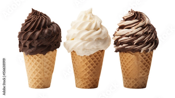 Fototapeta Delicious assortment of chocolate, vanilla and swirl ice cream cones  isolated on transparent background