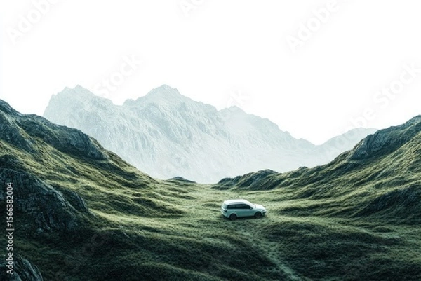 Fototapeta Car Driving Through a Mountain Valley Isolated on White Background, Depth of Field