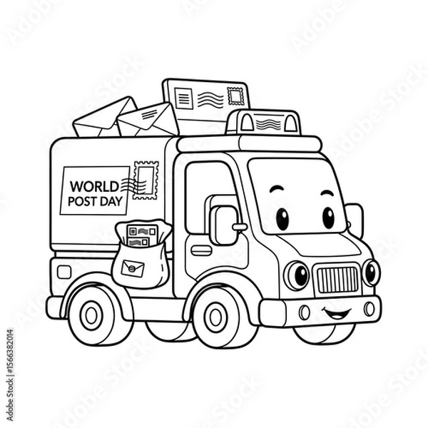 Obraz Cute cartoon mail truck with letters and stamps isolated on transparent background