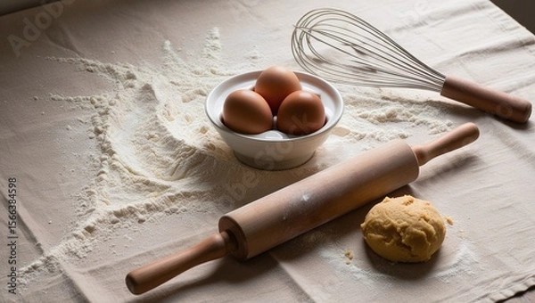 Fototapeta Close-up of fresh baking ingredients like flour, eggs, and nuts on a wooden surface for healthy Christmas cookies