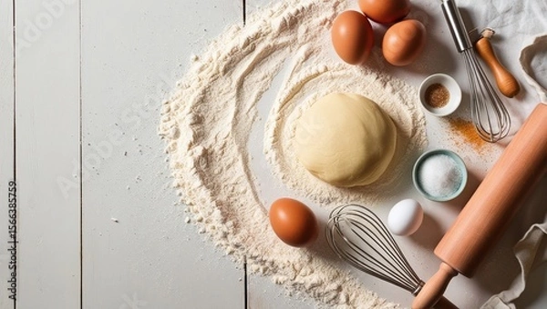 Fototapeta Fresh eggs and flour, essential ingredients for baking delicious cookies, are ready in a wooden bowl