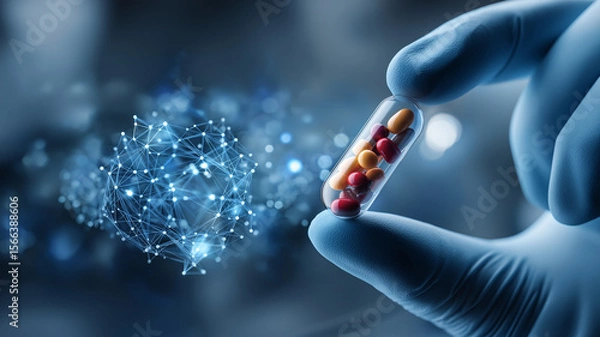 Fototapeta Gloved hand holds transparent capsule containing colorful pills, symbolizing advanced nanotechnology in drug delivery. digital network sphere in background represents innovation and connectivity