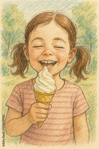 Obraz アイスクリームを食べる女の子　イラスト風