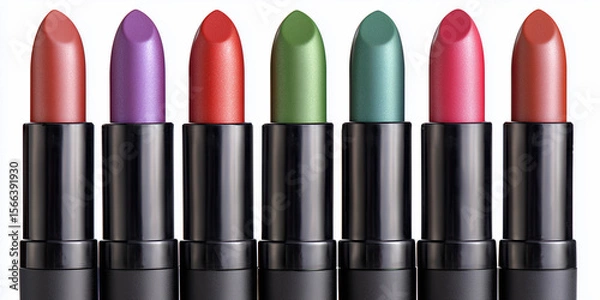 Fototapeta Bold lipstick color lineup black tubes vibrant cosmetic collection horizontal beauty product makeup concept dramatic fashion retail branding skincare editorial ecommerce gradient ad marketing design