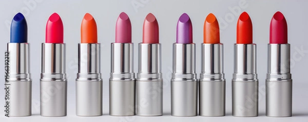 Fototapeta Colorful row lipstick shades silver tubes vibrant beauty product makeup concept horizontal cosmetic branding clean design retail banner skincare fashion editorial ecommerce ad variety gradient mockup