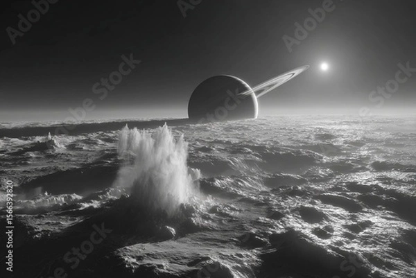 Fototapeta view of saturn from icy surface of enceladus with huge ice geysers erupting generated image