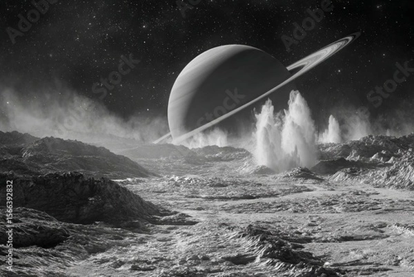 Fototapeta view of saturn from icy surface of enceladus with huge ice geysers erupting generated image