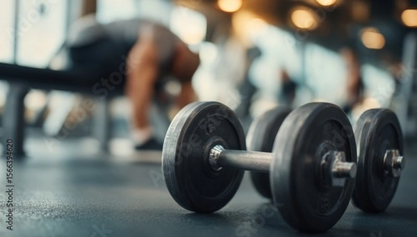 Fototapeta Close-up of Dumbbell Weights on Floor with People Exercising and Working Out in Modern Gym with Bright Lighting and Fitness Equipment