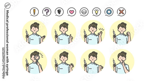 Fototapeta 注射器を持つ医療従事者の女性　人物アバターバリエーション　セット