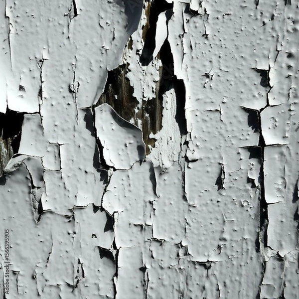 Obraz Peeling paint texture close-up, aged surface with cracked and flaking white paint.