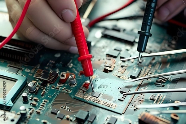 Obraz Close-up of electronics engineer testing circuit board with multimeter probes.