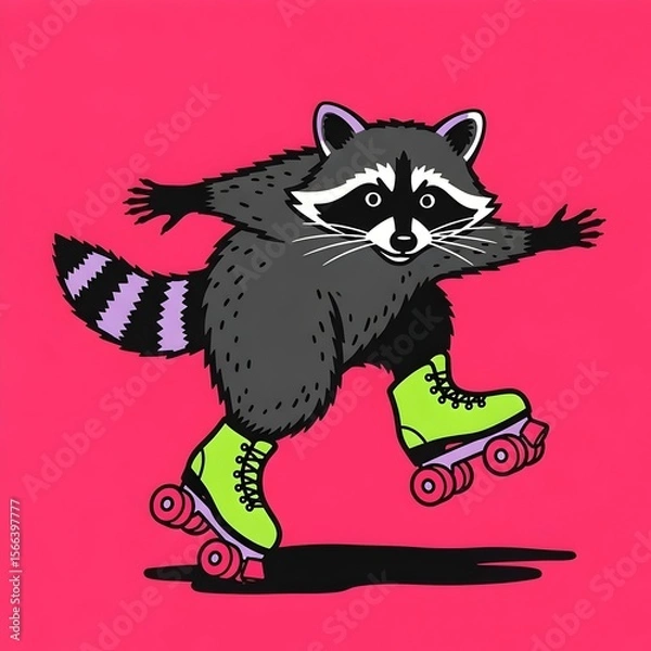 Obraz Illustration of a raccoon on roller skates. modern block printing, risograph, roller skating, printmaking style, modern illustration, character design, stylized animal, vibrant colors, textured print