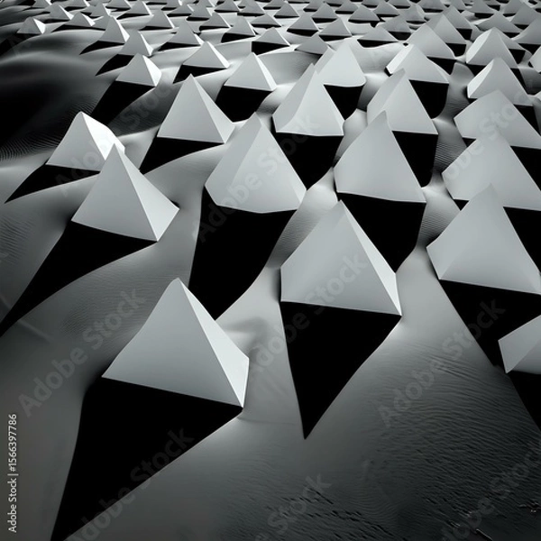 Obraz Abstract landscape featuring repeating geometric pyramids with stark shadows, monochrome.