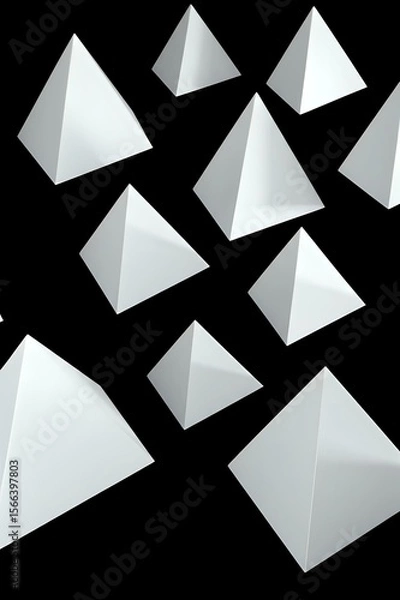 Obraz Abstract geometric composition: Floating white pyramids against a dark background.