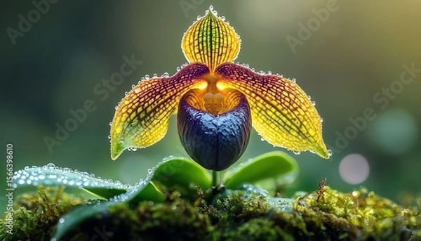 Fototapeta yperrealistic closeup of Paphiopedilum orchid with radiant emerald green pouch and velvety deep purple petals