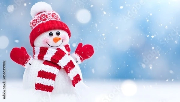 Fototapeta Festive Snowman Adorned with Red Hat and Scarf Stands Amidst Gentle Falling Snow