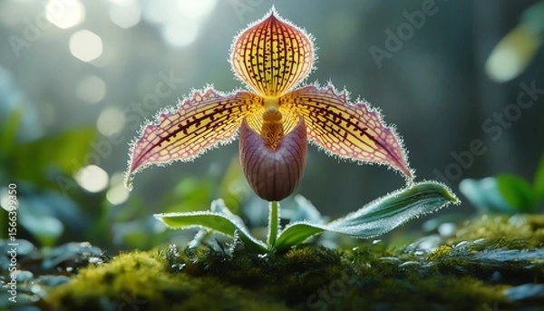 Fototapeta yperrealistic closeup of Paphiopedilum orchid with radiant emerald green pouch and velvety deep purple petals
