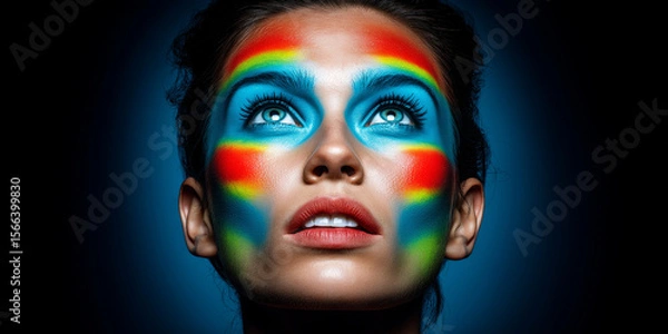 Fototapeta Frau mit künstlerischem buntem Make-up in orange und blauen Farbtönen