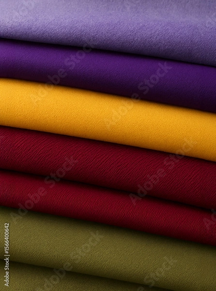 Fototapeta Stack of folded fabrics in rich seasonal colors: lavender, violet, mustard yellow, deep red, and earthy green. Close-up of soft textile textures in harmonious palette.